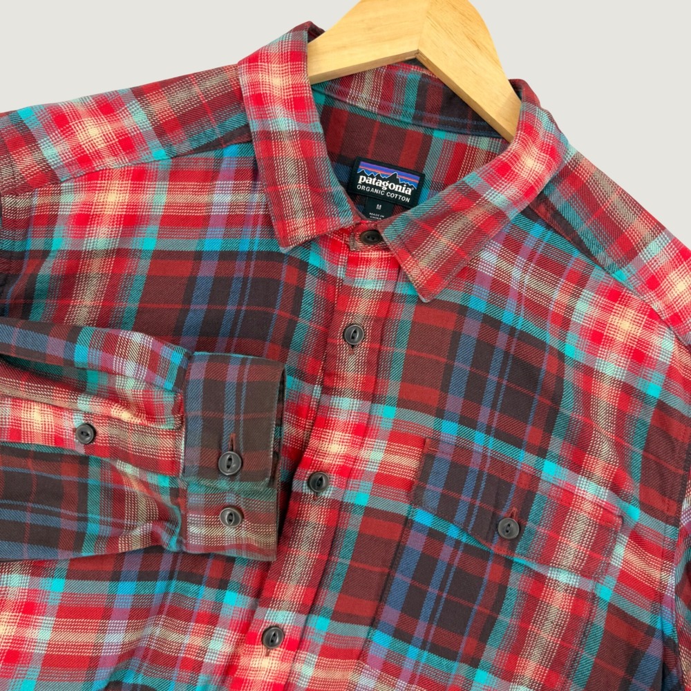 Patagonia Flannel Shirt Mens Medium Organic Cotton Red Teal Plaid Long Sleeve